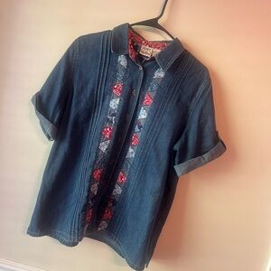 Koret Blue Denim Button-Down Shirt with Red & Light Blue Patchwork